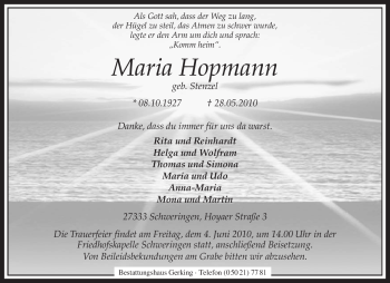 Traueranzeige von Maria Hopmann von KREISZEITUNG SYKE