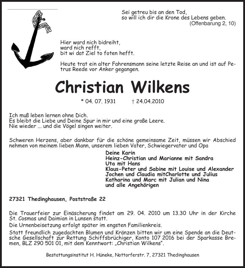  Traueranzeige für Christian Wilkens vom 26.04.2010 aus KREISZEITUNG SYKE