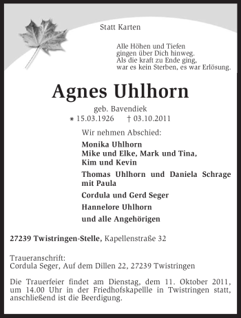 Traueranzeige von Agnes Uhlhorn von KREISZEITUNG SYKE