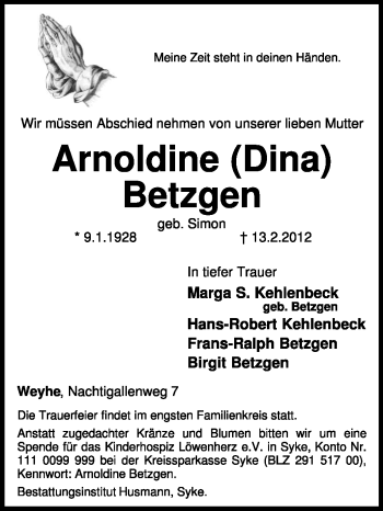 Traueranzeige von Arnoldine Betzgen von KREISZEITUNG SYKE