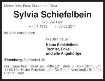 Traueranzeige von Sylvia Schiefelbein von KREISZEITUNG SYKE