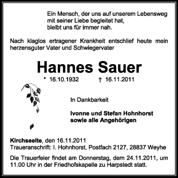 Traueranzeige von Hannes Sauer von KREISZEITUNG SYKE