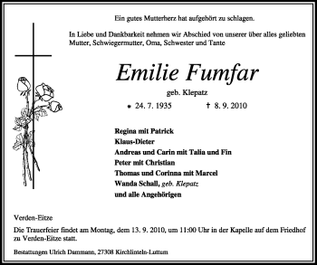 Traueranzeige von Emilie Fumfar von KREISZEITUNG SYKE