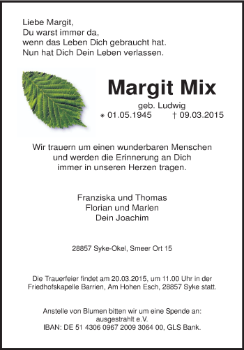 Traueranzeige von Margit Mix von KRZ