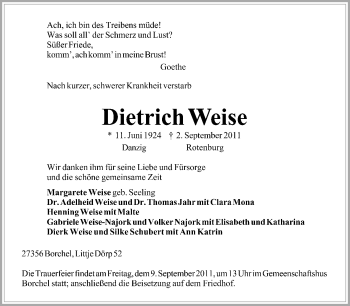Traueranzeige von Dietrich Weise von KREISZEITUNG SYKE