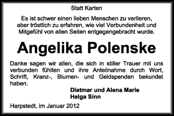 Traueranzeige von Angelika Polenske von KREISZEITUNG SYKE