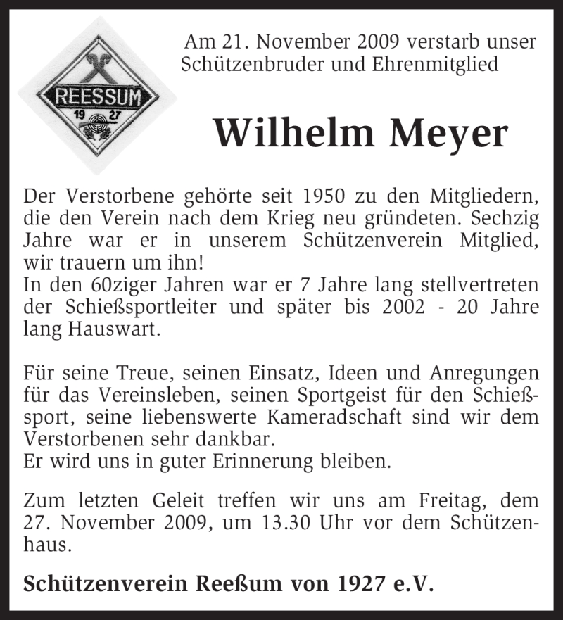  Traueranzeige für Wilhelm Meyer vom 25.11.2009 aus KREISZEITUNG SYKE