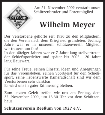 Traueranzeige von Wilhelm Meyer von KREISZEITUNG SYKE