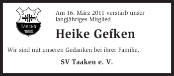 Traueranzeige von Heike Gefken von KREISZEITUNG SYKE