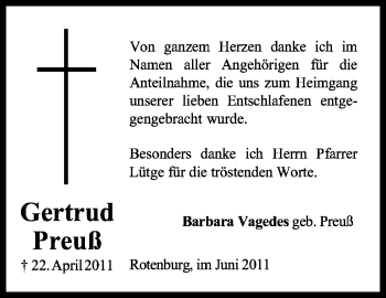 Traueranzeige von Gertrud Preuß von KREISZEITUNG SYKE