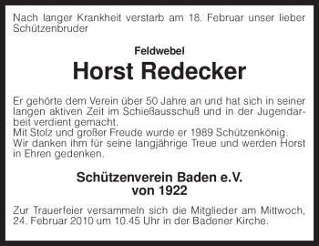 Traueranzeige von Horst Redecker von KREISZEITUNG SYKE