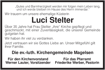 Traueranzeige von Luci Stelter von KREISZEITUNG SYKE