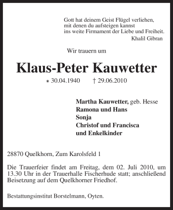 Traueranzeige von Klaus-Peter Kauwetter von KREISZEITUNG SYKE