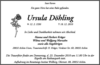 Traueranzeige von Ursula Döhling von KREISZEITUNG SYKE