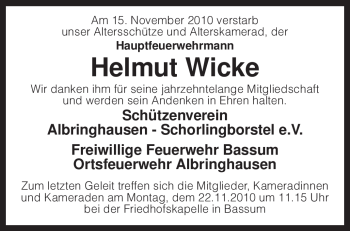 Traueranzeige von Helmut Wicke von KREISZEITUNG SYKE