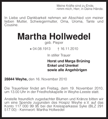 Traueranzeige von Martha Hollwedel von KREISZEITUNG SYKE