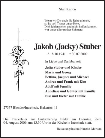 Traueranzeige von Jakob Stuber von KREISZEITUNG SYKE