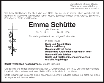 Traueranzeige von Emma Schütte von KREISZEITUNG SYKE