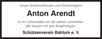 Traueranzeige von Anton Arendt von KREISZEITUNG SYKE