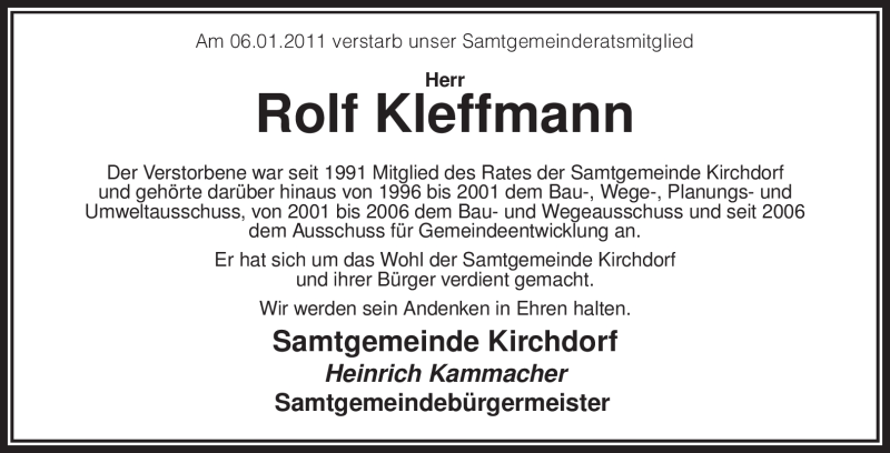  Traueranzeige für Rolf Kleffmann vom 11.01.2011 aus KREISZEITUNG SYKE