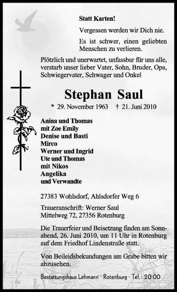 Traueranzeige von Stephan Saul von KREISZEITUNG SYKE