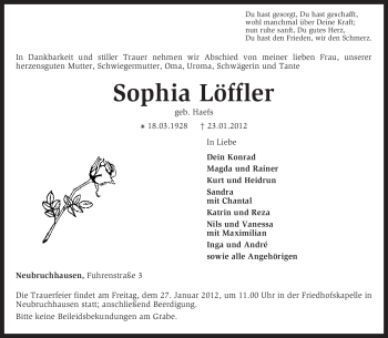 Traueranzeige von Sophie Löffler von KREISZEITUNG SYKE