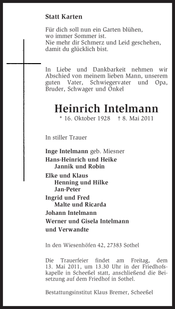 Traueranzeige von Heinrich Intelmann von KREISZEITUNG SYKE