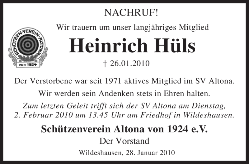  Traueranzeige für Heinrich Hüls vom 29.01.2010 aus KREISZEITUNG SYKE