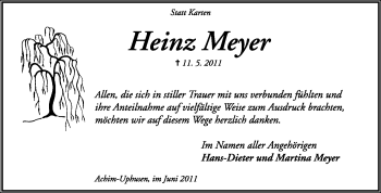 Traueranzeige von Heinz Meyer von KREISZEITUNG SYKE