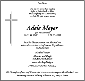 Traueranzeige von Adele Meyer von KREISZEITUNG SYKE