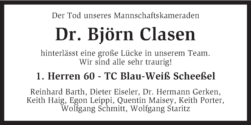  Traueranzeige für Björn Clasen vom 10.04.2015 aus KRZ