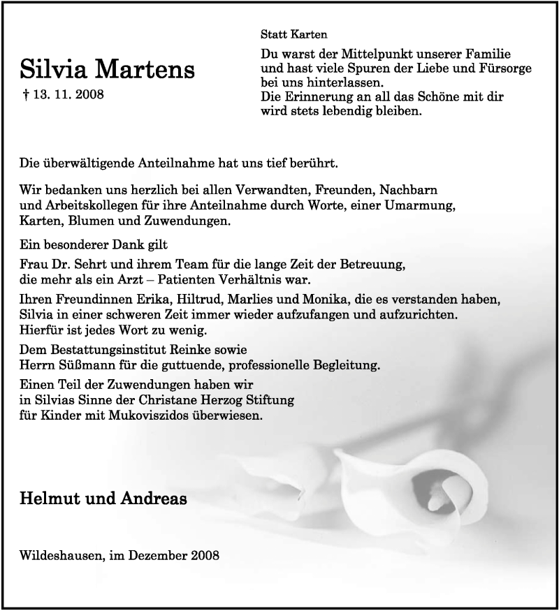  Traueranzeige für Silvia Martens vom 06.12.2008 aus KREISZEITUNG SYKE
