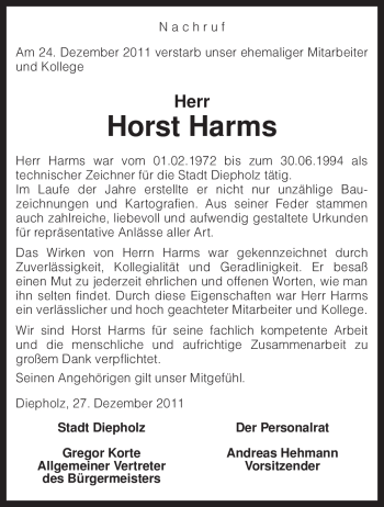 Traueranzeige von Horst Harms von KREISZEITUNG SYKE