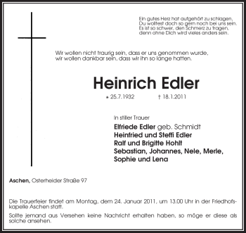 Traueranzeige von Heinrich Edler von KREISZEITUNG SYKE