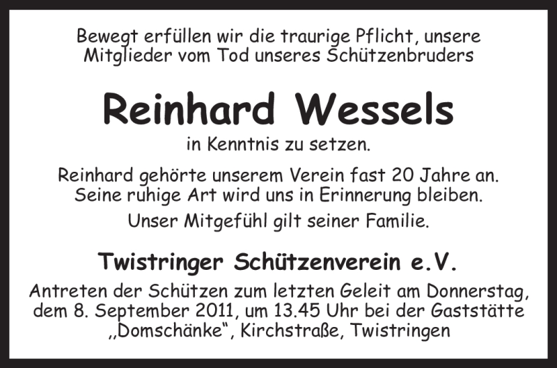  Traueranzeige für Reinhard Wessels vom 05.09.2011 aus KREISZEITUNG SYKE