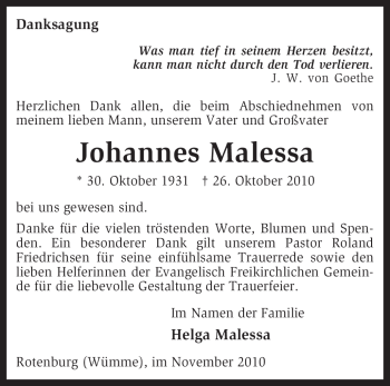 Traueranzeige von Johannes Malessa von KREISZEITUNG SYKE