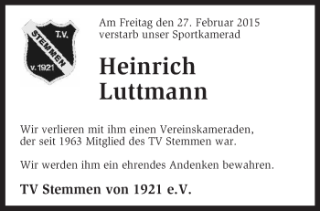 Traueranzeige von Heinrich Luttmann von KRZ