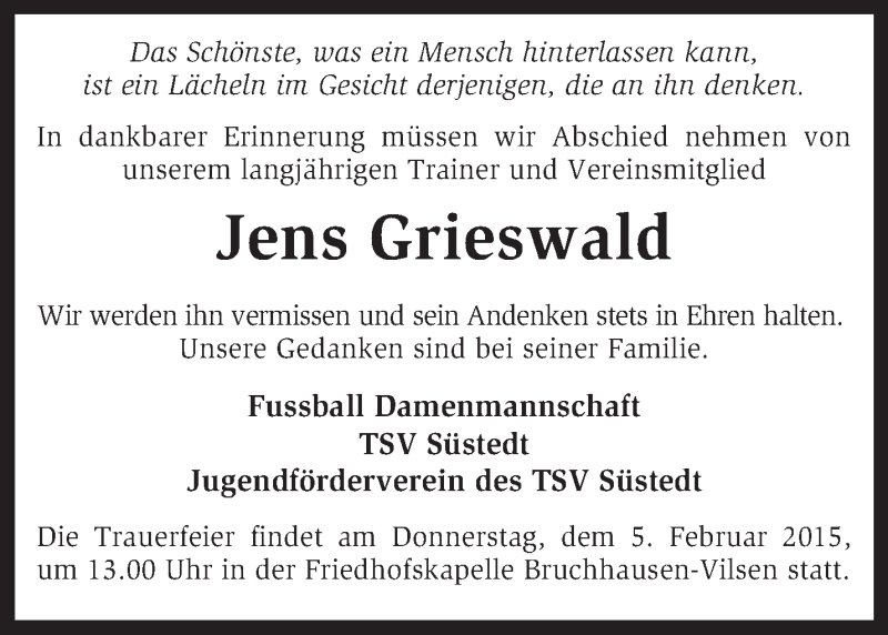  Traueranzeige für Jens Grieswald vom 03.02.2015 aus KRZ