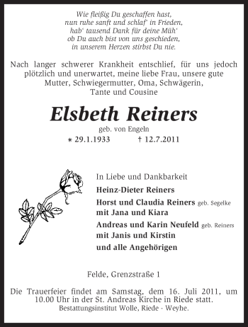 Traueranzeige von Elsbeth Reiners von KREISZEITUNG SYKE