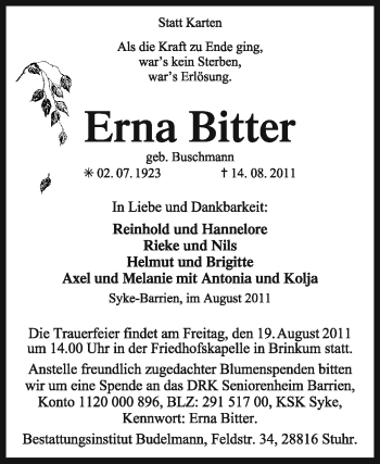 Traueranzeige von Erna Bitter von KREISZEITUNG SYKE