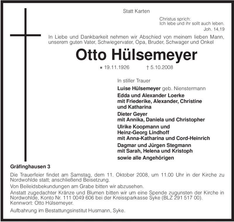  Traueranzeige für Otto Hülsemeyer vom 07.10.2008 aus KREISZEITUNG SYKE