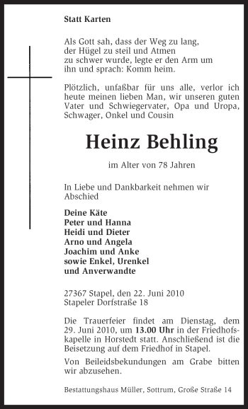 Traueranzeige von Heinz Behling von KREISZEITUNG SYKE