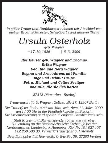 Traueranzeige von Ursula Osterholz von KREISZEITUNG SYKE