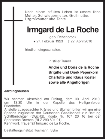 Traueranzeige von Irmgard de La Roche von KREISZEITUNG SYKE