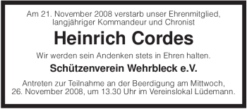 Traueranzeige von Heinrich Cordes von KREISZEITUNG SYKE