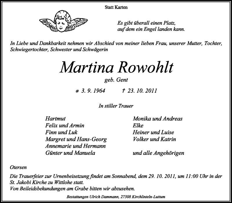  Traueranzeige für Martina Rowohlt vom 26.10.2011 aus KREISZEITUNG SYKE
