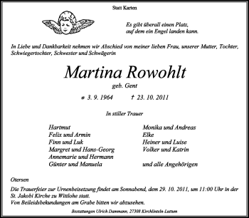 Traueranzeige von Martina Rowohlt von KREISZEITUNG SYKE