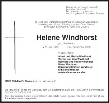 Traueranzeige von Helene Windhorst von KREISZEITUNG SYKE