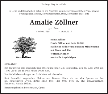 Traueranzeige von Amalie Zöllner von KRZ