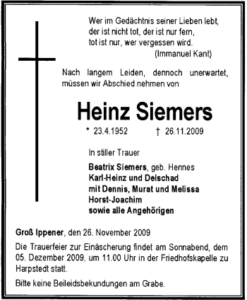 Traueranzeige von Heinz Siemers von KREISZEITUNG SYKE